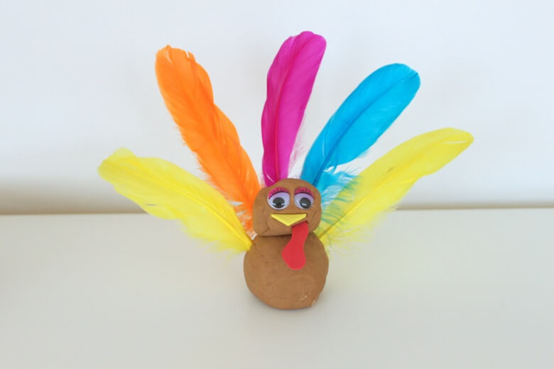 Easy Playdough Turkey Craft With Colorful Feathers, Googly Eyes & Foam - Creative Projects For Kids Using Feathers