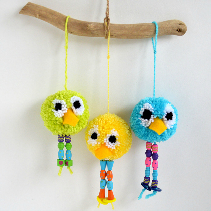 Easy to Make Birds Hanging Craft With Pom Poms, Yarn & Colorful Beads - Letting Kids Do It Themselves with Pom Poms