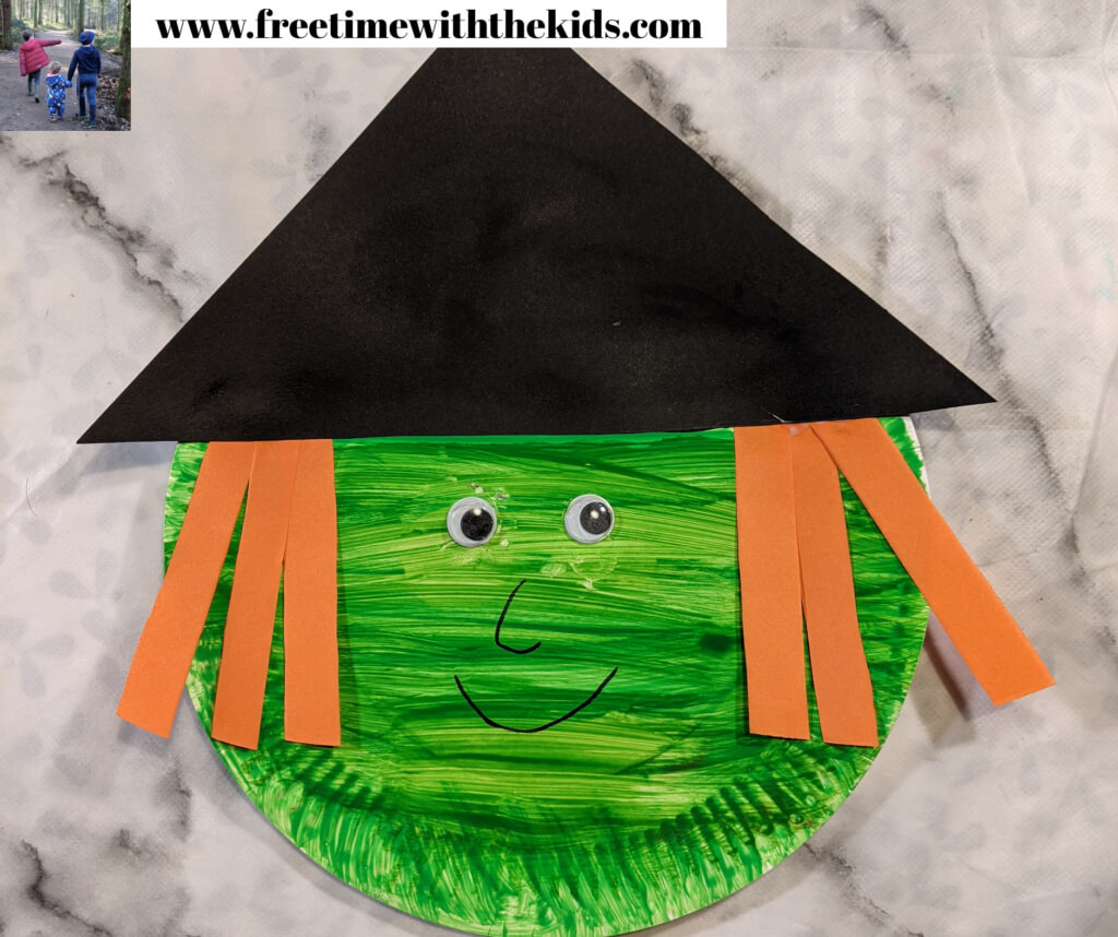 Easy To Make Witch Halloween Paper Plate Craft With Black Card, Orange Paper & Googly Eyes - Halloween paper plates can be used for fun crafts with preschoolers.