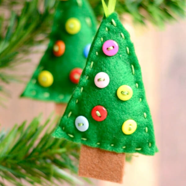 Felt Christmas Tree Ornament Decoration Craft Using Buttons & Ribbon - Handcrafted Christmas Tree Designs