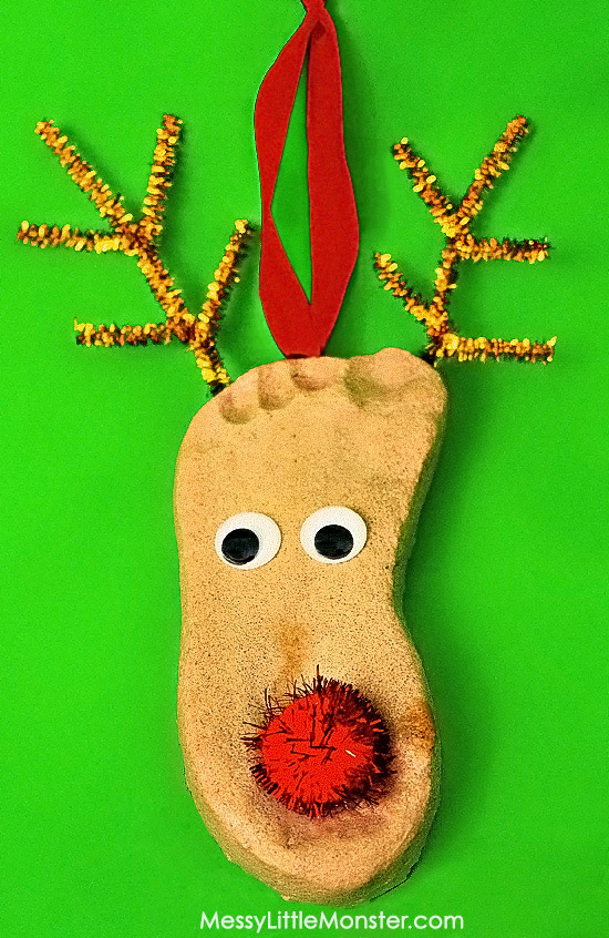 Footprint Reindeer Ornament Craft Using Salt Dough, Pipe Cleaners, Ribbon, Pom Pom & Googly Eyes - Hand Making Salt Dough Trinkets for Christmas