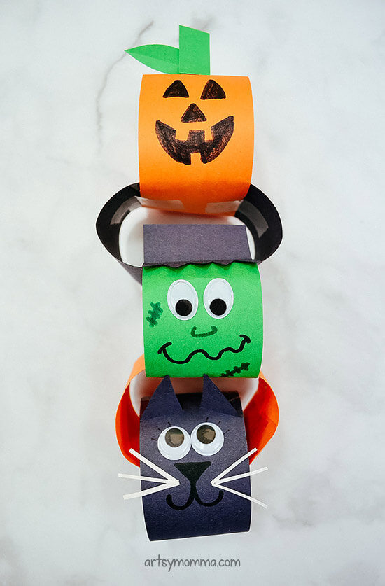 Frankenstein, Black Cat, and Jack-o-lantern - Easy To Make Paper Chain Decoration Craft For Halloween - Developing Halloween artwork with construction paper 