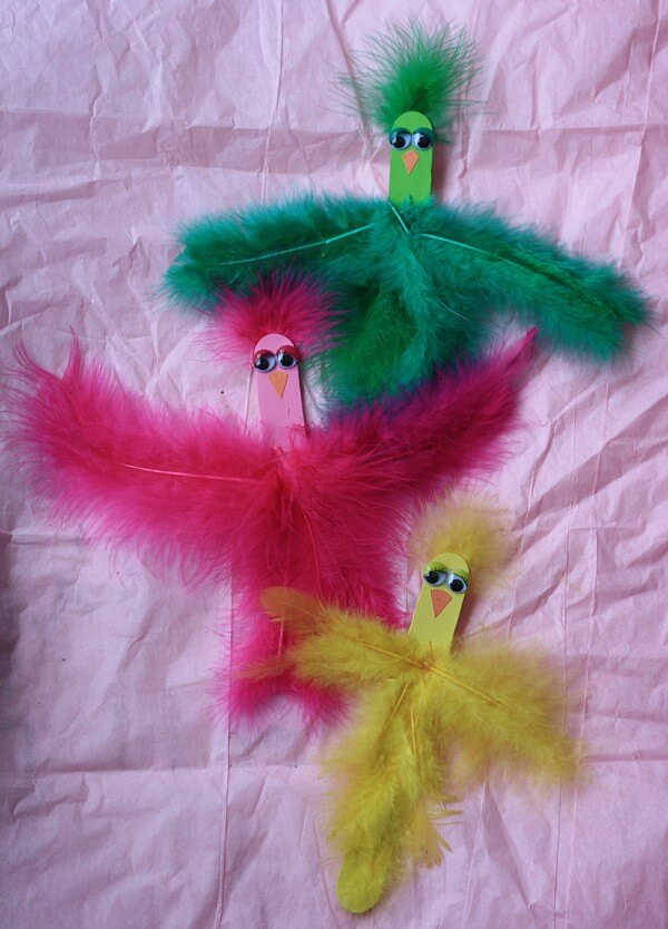 Fun To Make Spring Bird Feather Crafts Using Popsicle Sticks, Wiggly Eyes - Innovative Feather Crafts For Kids
