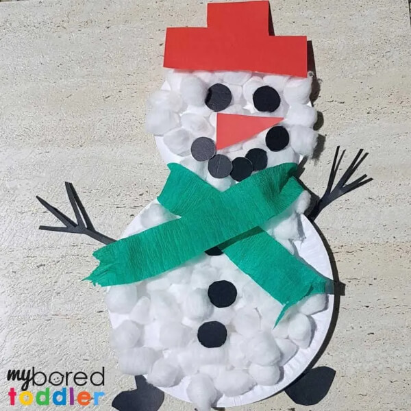 Funny Snowman Paper Plate Craft Activity For Toddlers Using Colorful Paper & Cotton Balls - Construct a Snowman from a Paper Plate - Winter Arts and Crafts for Youngsters