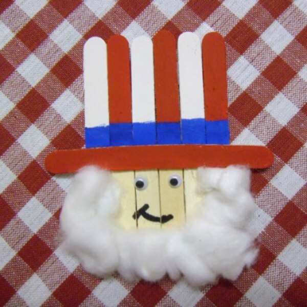 Handcrafted Uncle Sam Door Hanger Decoration Craft Using Popsicle Sticks, Cottons, Paints & Marker - Innovative Artistic Creations Using Cotton Balls 