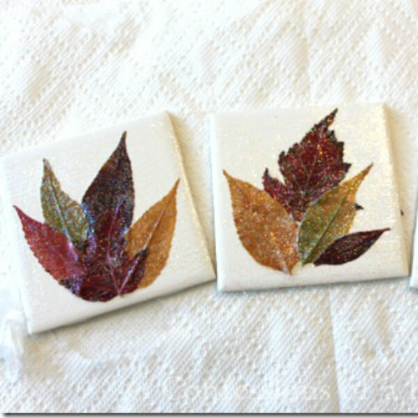 Handmade Leaf Coaster Craft For Home Decor Using White Tiles, & Colorful Leaves - Crafting Leaves For Five To Seven-Year-Old Children