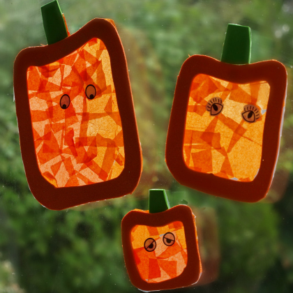 Handmade Stained Glass Halloween Pumpkins Art & Craft Idea Using Contact Paper, Tissue Paper & Googly Eyes - Introducing Kids to Stained Glass Art