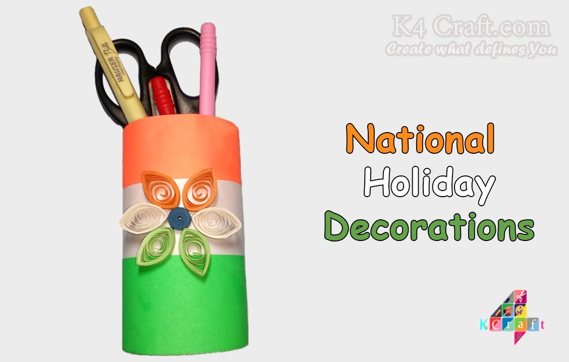 Handmade Tricolor Pen Holder Decorate With Quilling Flower Using Colorful Cardstocks, & Toilet Paper Roll - Independence Day Celebrations for Indian Kids