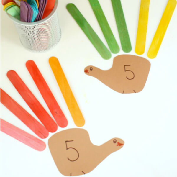 Hands-on Turkey Feather Math Learning Activity With Brown Paper, Marker & Colorful Popsicle Sticks - Arts & Crafts Celebrations for Youngsters on Thanksgiving