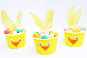 Homemade Easter Chick Paper Cups Craft With Yellow Feathers Using Googly Eyes, Orange Felt, & Candy - Tiny Paper Cup Projects