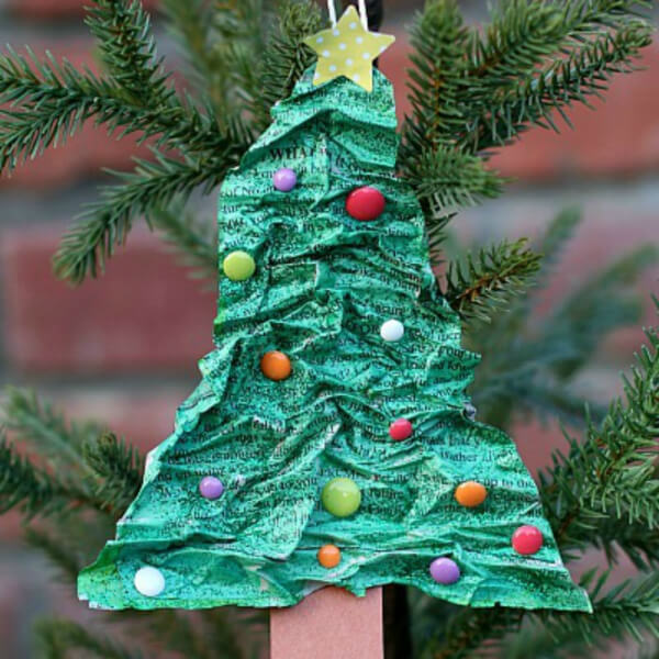 -Homemade Paper Mache Christmas Tree Ornament Craft Using Green Watercolor, Brown Paper, Yarn & Enamel Dots - Home-crafted Christmas Tree Inspirations
