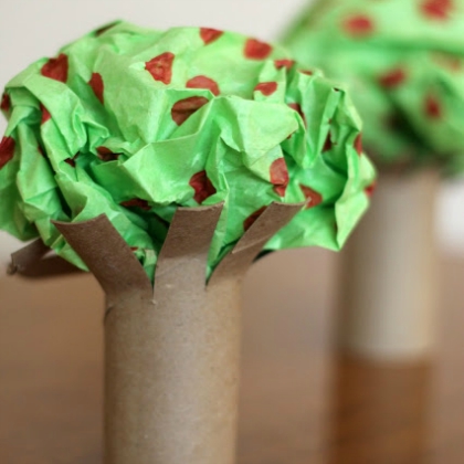How To Make Apple Tree Using Tissue Paper, Empty Cardboard Tubes, & Red Marker - Doing Apple Projects for Harvest Celebrations & the Fall 