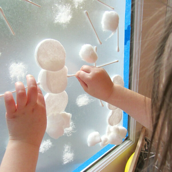Interesting Snow Window Indoor Activity With Cotton Pads, Cotton Balls & Ear Buds - Making Snowy Creations to Pass the Winter Vacation 