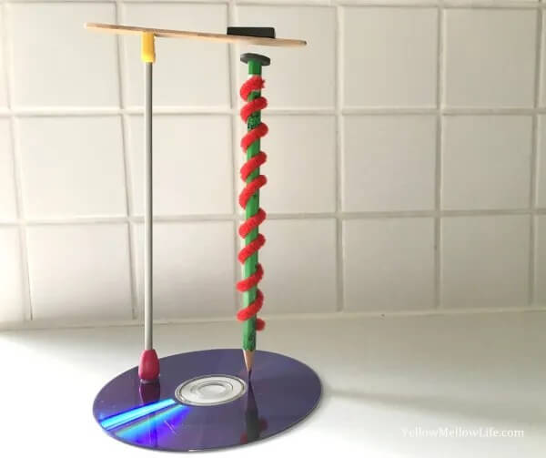 Joyful Floating Pencil Holder Stem Activity With Magnet, Old Cd, Popsicle Stick, & Pipe Cleaner - Parent-made magnet-related activities for kids 