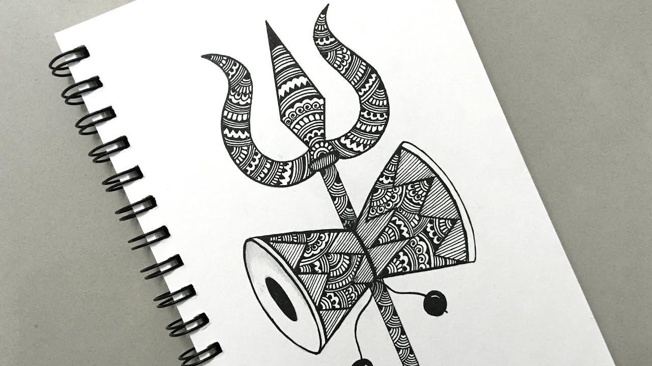 Lovely Trishul & Damru Mandala Design Art Idea On Drawing Sheet Paper - Shivratri Creative Projects