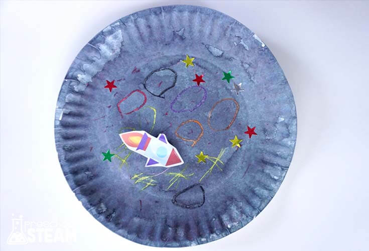 Magnetic Rocket Stem Activity Using Paper Plate, Paper Rocket, Small Star Stickers & Crayons - Crafting magnet-related activities for children in the home 