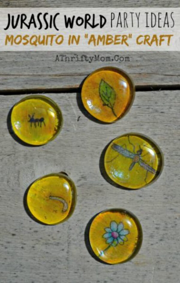Mosquito In "Amber" Craft Party Ideas Using White Card Stock, Colored Pencils & Glass Stones - Fascinating Fossil Fun for Little Ones