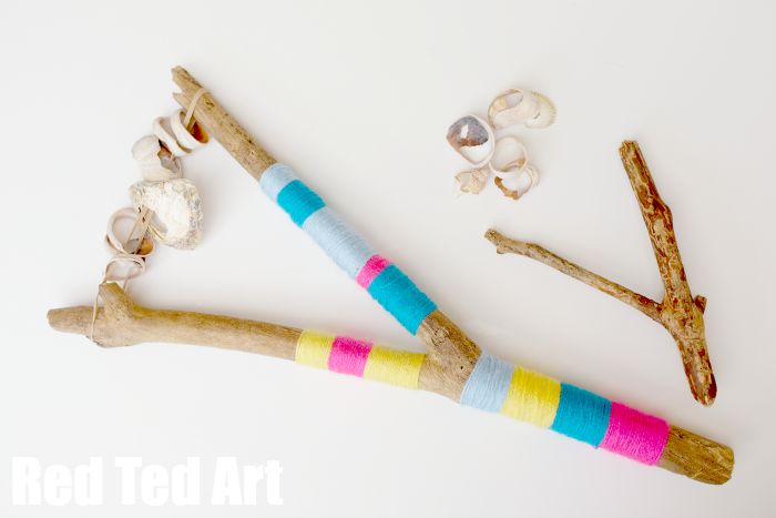 Musical Instrument Craft Activity Made With Yarn Wrapped Wood Rattles & Broken Shell - Arts and Crafts Ideas Influenced by Nature for Kids