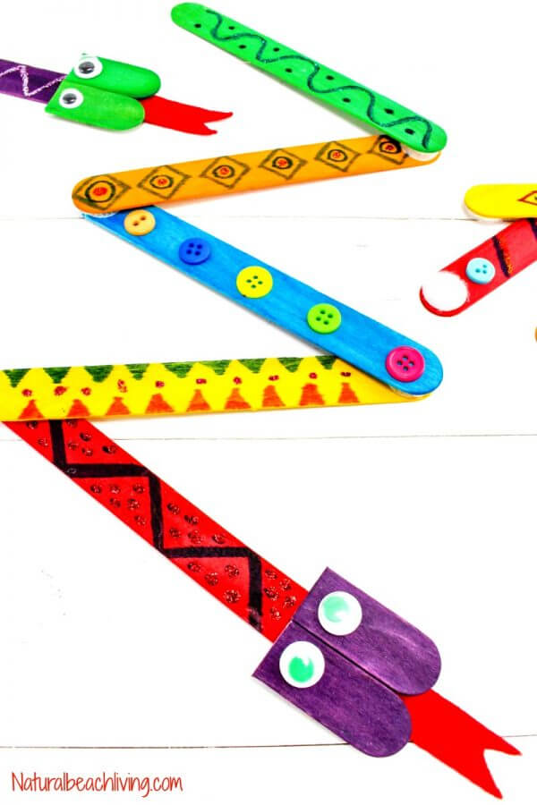 Popsicle Stick Snake Decoration Activity With Paper, Buttons, Markers & Googly Eyes - Spend Time with Kids and Make Snake Crafts