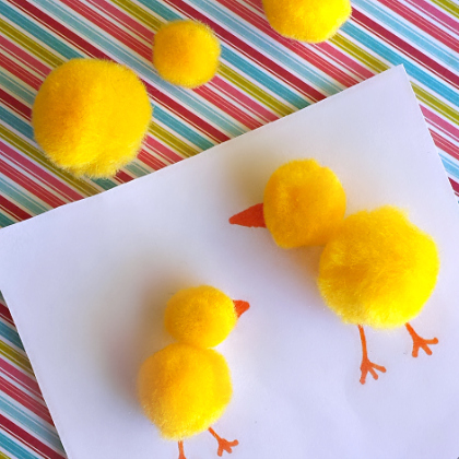 Pretty Pom Pom Chicks Craft Idea For Kindergartners Using Paper, & Orange Marker - Crafting Fun Pom Poms with Your Children 