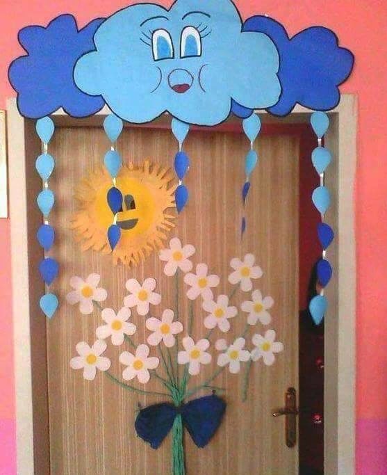 Raindrops & Funny Clouds Classroom Door Décor Idea For Students - Creative decoration ideas for the entrance of a kindergarten classroom. 