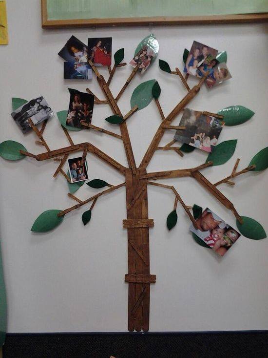 Realistic Family Tree Design Idea For Kindergartner Students Using Popsicle Sticks & Green Paper Leaves - Construct Your Own Family Tree - An Activity for School Kids 