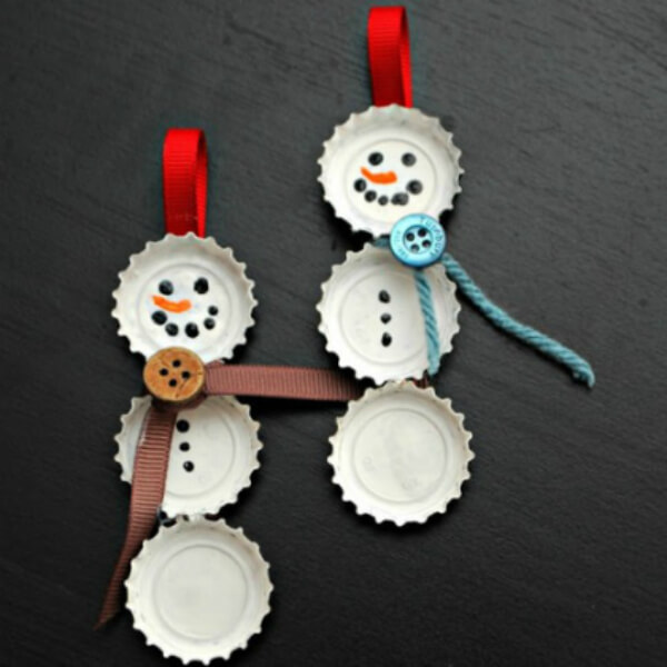 Recycled Bottle Caps Snowman Ornament Craft Using Buttons, Ribbon & String - Constructing Yule Decorations for Little Ones