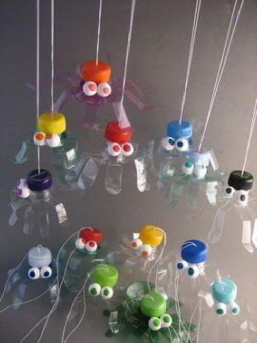 Recycled Octopus Hanging Craft Idea Using Plastic Bottles & Colorful Caps - Creating Octopus Crafts & Activities for Kids 