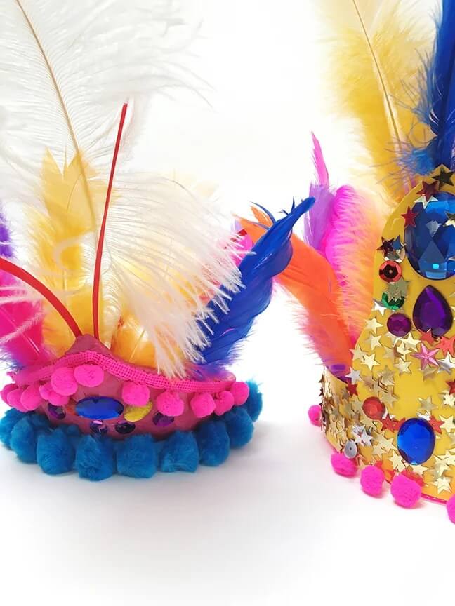 Rio-Inspired Brazilian Carnival Headdresses With Mod Podge, Tissue Paper, Feathers, Sequins, Plastic Tiara & Pom Pom - Hand-stitched Brazilian Masquerade Garments 