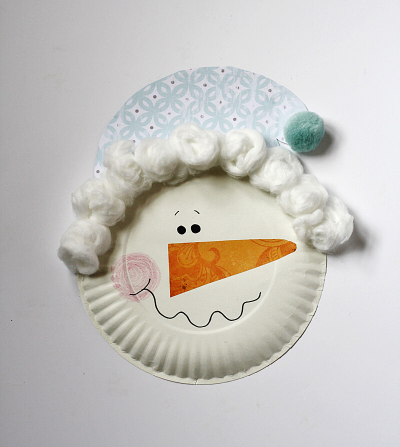 Simple & Quick Snowman Craft Made With Paper Plate, Cotton Balls, Scrapbook Paper, Pom Pom & Marker - Making a Snowman out of a Paper Plate - Winter Art for Children
