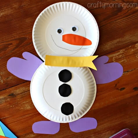 Simple Paper Plates Snowman Craft Made With Black, Orange, Yellow, and Purple Paper & Googly Eyes - Designing a Snowman Out of a Paper Plate - Wintertime Arts and Crafts for Children