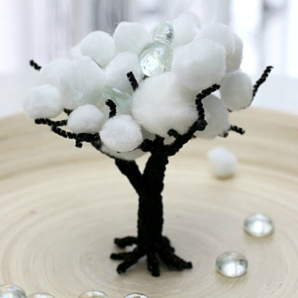 Snow-Covered Winter Tree Craft Using Pipe Cleaners, Pom Pom & Clear Glass Gems - Take Advantage of Wintertime with Snow Crafts 