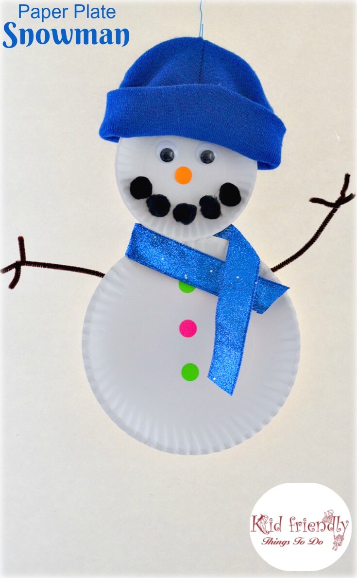 Snowman Paper Plate Craft For Kids To Make With Recycled Materials - Winter crafting with children - create a snowman using a paper plate.