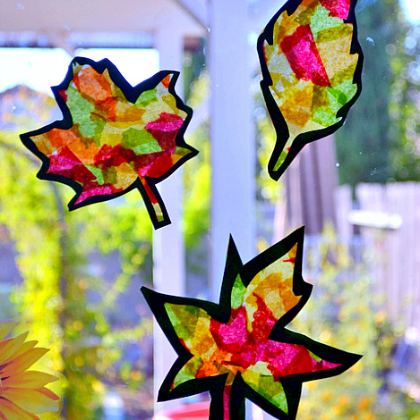 Stunning Fall Leaves Suncatcher Craft On Stained Glass Using Leaves Template, Tissue Paper & Waxed Paper - Effortless Stained Glass Art Projects for Youngsters 