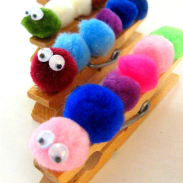 Super Easy Clothespin Caterpillar Craft Activity With Colorful Pom Pom & Googly Eyes - Creative concepts for children using clothespins 