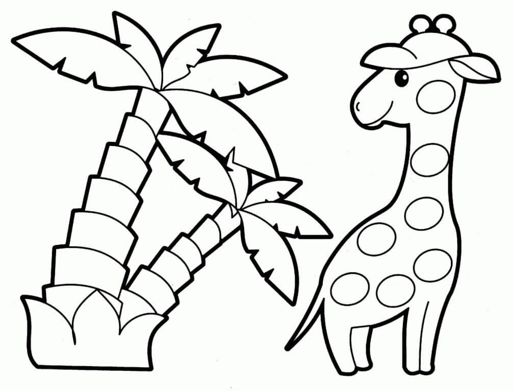 Tallest Giraffe Animal & Coconut Trees - Printable Animal Coloring Pages for Youngsters
