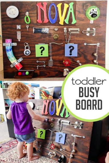 Toddler Busy Board Gift Idea Using Wooden Letters of Name, Old Toys, and Magnetic Door Stop - Creating Toys for Little Ones - Fantastic Presents