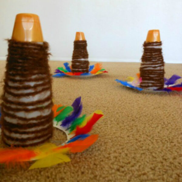 Turkey Ring Toss Game Activity Using Paper Plates, Feathers, Empty Bottles & Brown Yarn - Ideas for Art & Craft Projects for Thanksgiving
