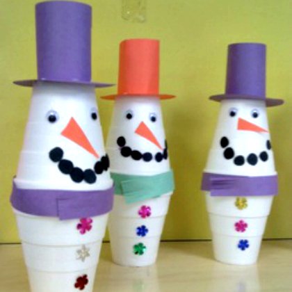Two Cup Snowman Crafts Using Papers, Googly Eyes & Flower Beads - Making Fun Out of Disposable Cups for Youngsters