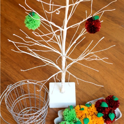 Unique & Pretty Pom Pom Apple Tree Decorate On Artificial Dry Tree - Engaging Apple Art Projects for Harvest & Autumn Celebrations