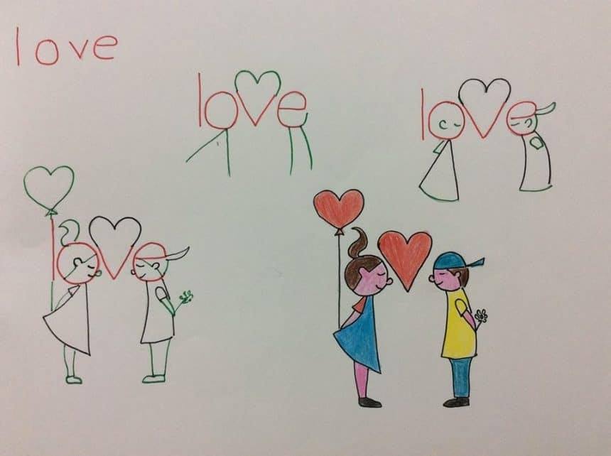 Valentine's Day Gift Art Idea With Love Word - Drawings that are made out of words for children 