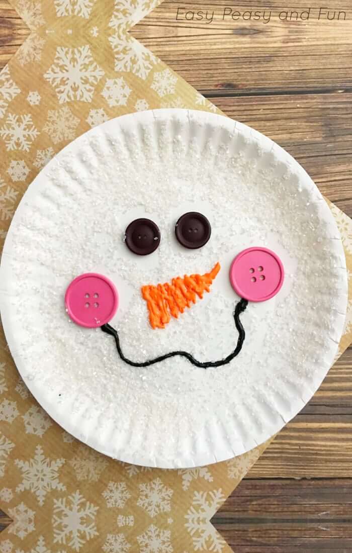 Very Easy Paper Plate Snowman Craft With Pink & Black Buttons, Glitter, & Puffy Paints - Building a Snowman with a Paper Plate - Children's Winter Crafts
