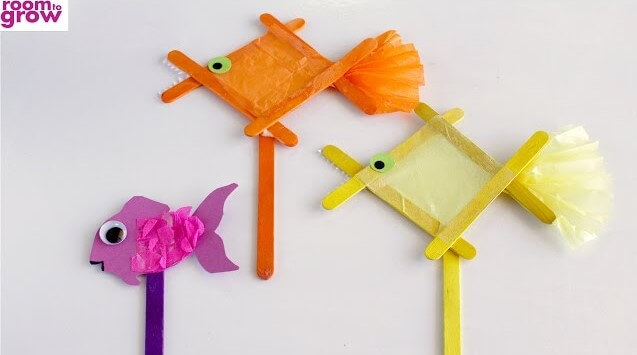 Adorable Fish Puppet Crafts Using Popsicle Sticks, & Tissue Paper - Produce a Fish Model out of Popsicle Sticks 