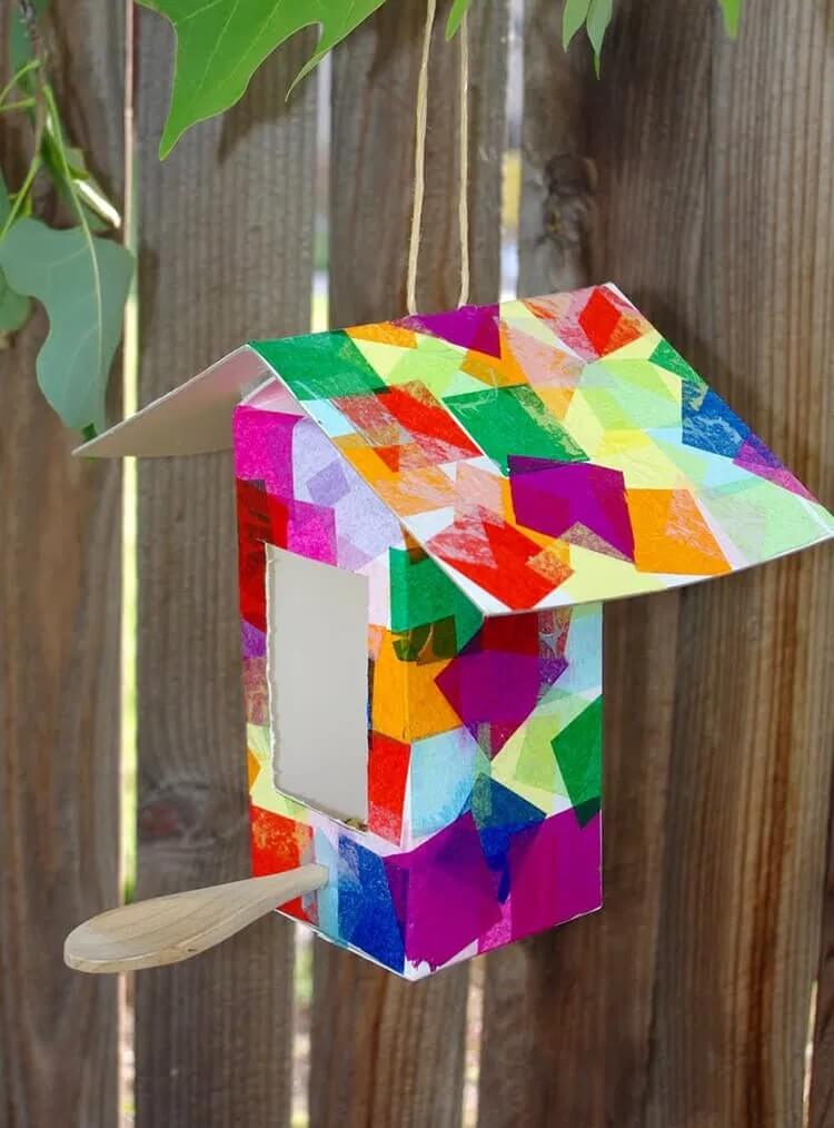Adorable Milk Carton Birdhouse & Bird Feeder Craft Using Tissue Paper, Twine & Wooden Spoon - Enjoyable and Easy Milk Carton Projects