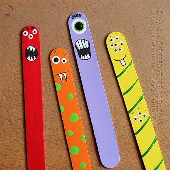 Adorable Popsicle Sticks Monsters Craft Project For Kids Using Black Fine Tip Marker & Paints - Creating Playthings with Ice Pop Sticks: An Engaging Pastime with Stick Crafts 