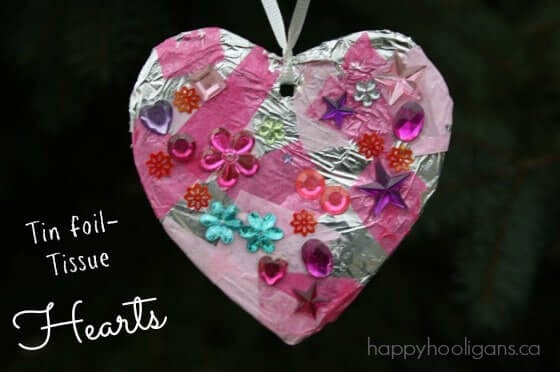 Adorable Tissue Heart Decoration Craft For Kids To Make Using Tin-Foil & Beads - Ideas for Arts and Crafts with Tin Foil for Kids