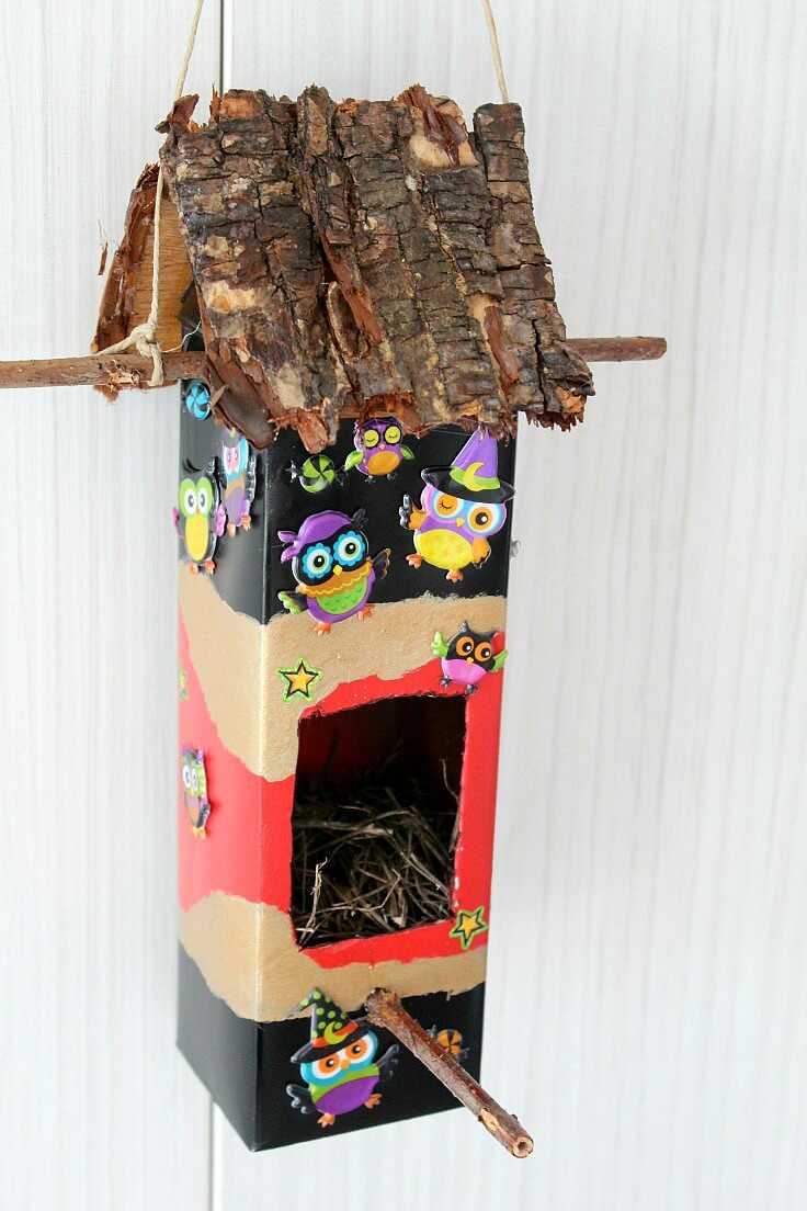 Amazing Birdhouse Decoration Craft Project Using Milk Cartons, Bark & Stickers - Amusing and Uncomplicated Milk Carton Creations