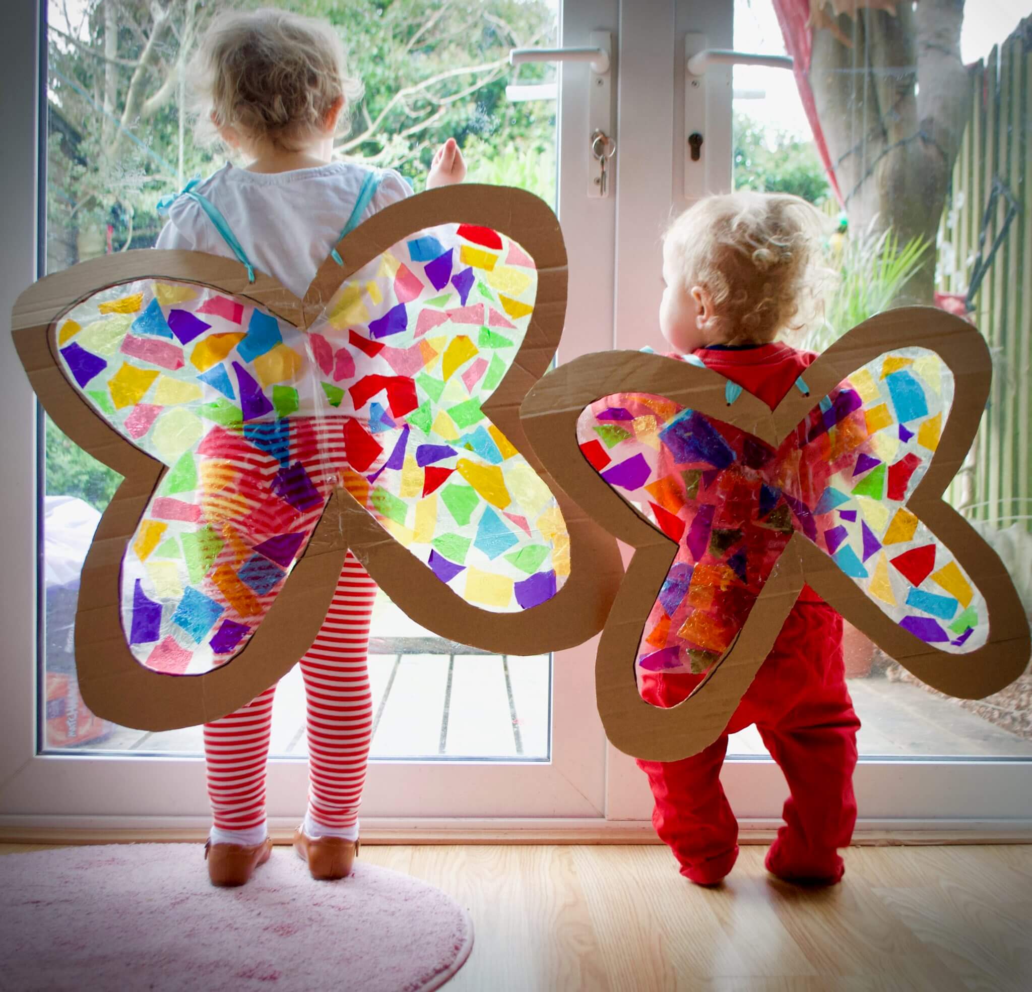 Amazing Stained Glass Butterfly Wings Costume Craft Idea Using Cardboard, Sweet Wrappers, Clear Plastic & Ribbon - Developing Butterfly Garments for Youngsters