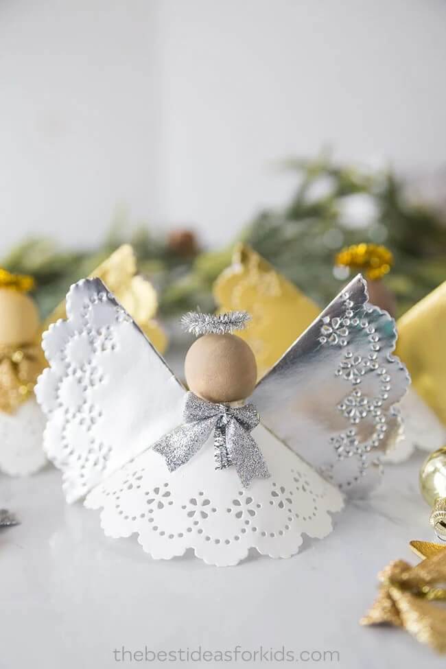 Attractive Angel Ornament Decoration Made With Paper Doilies, Wooden Balls, Pipe Cleaners & Small Bow - Letting the Little Ones Create Angels During the Christmas Season