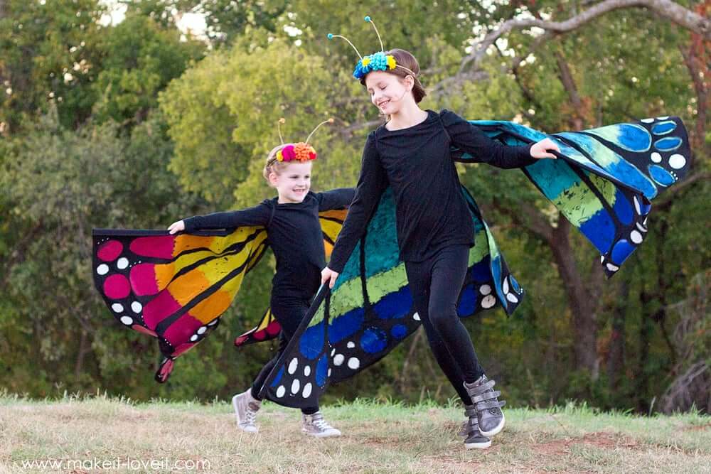 Attractive Large Wing Butterfly Costume Art & Craft Idea Using Black Felt Fabric, Elastic, Wooden Dowel & Acrylic Paint - Creating Butterfly Outfits for Children
